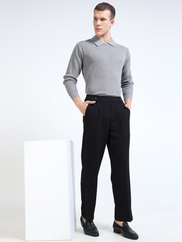 Textured Dual-Button Pleated Trousers