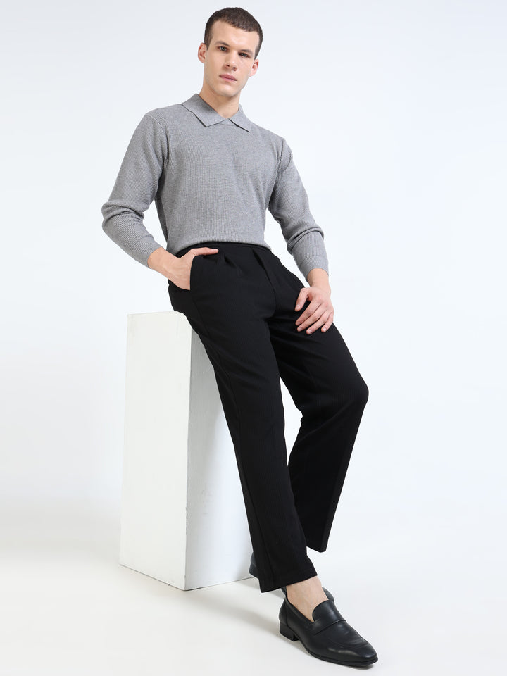 Textured Dual-Button Pleated Trousers