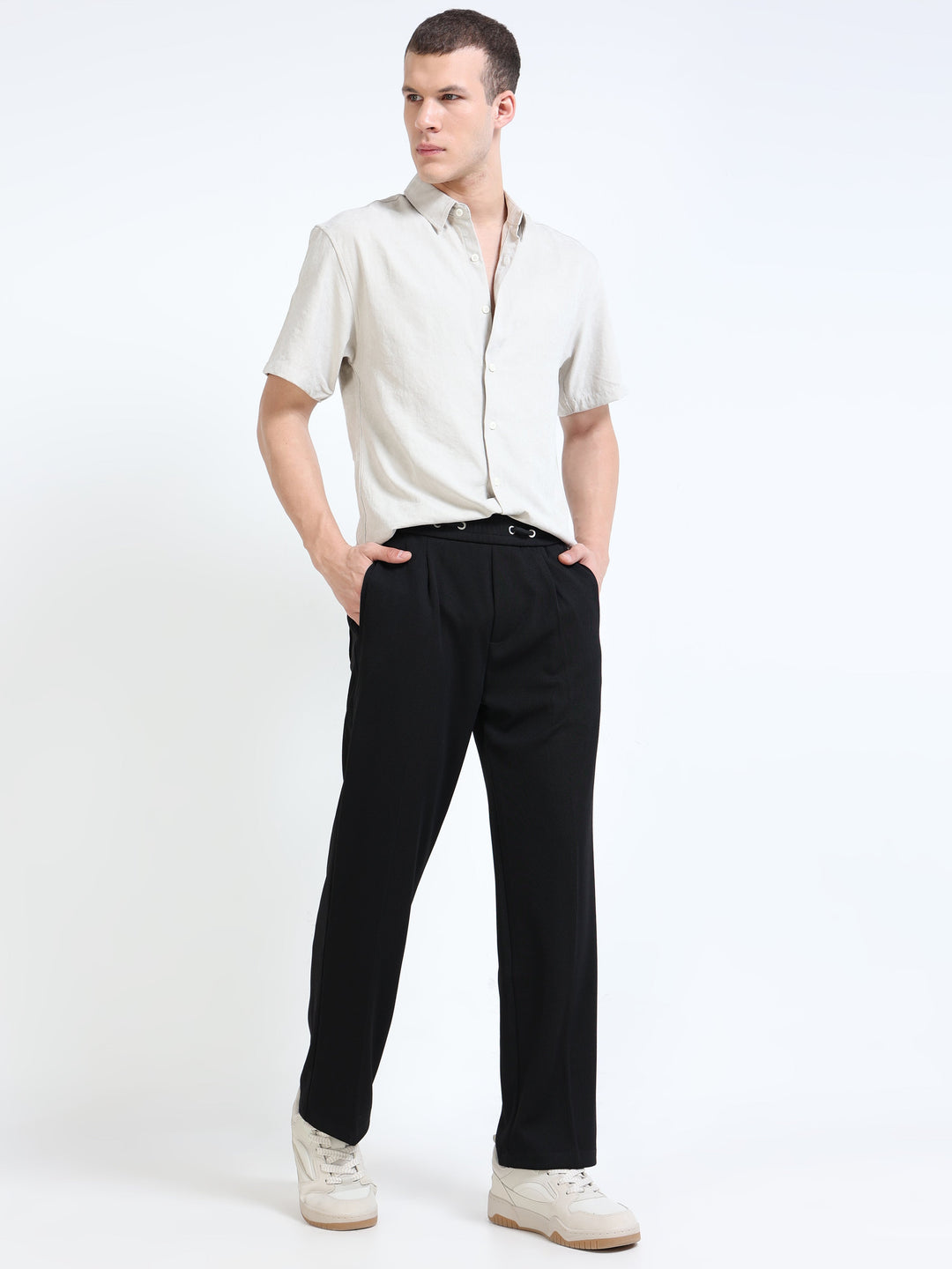 Textured Premium Drawstring Straight Trousers
