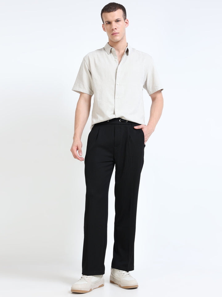 Textured Premium Drawstring Straight Trousers