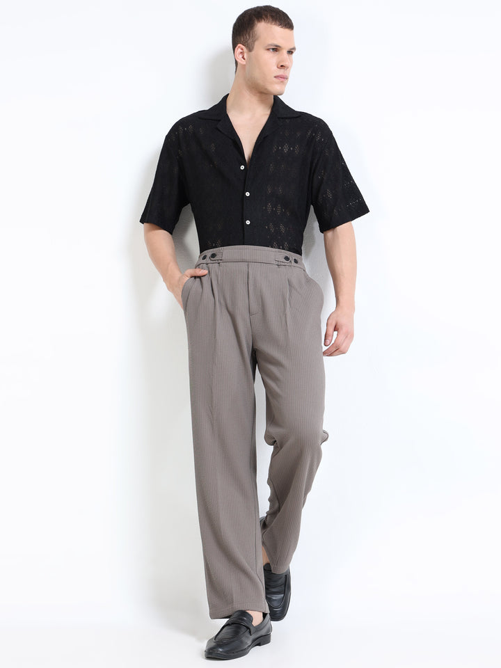 Textured Dual-Button Pleated Trousers