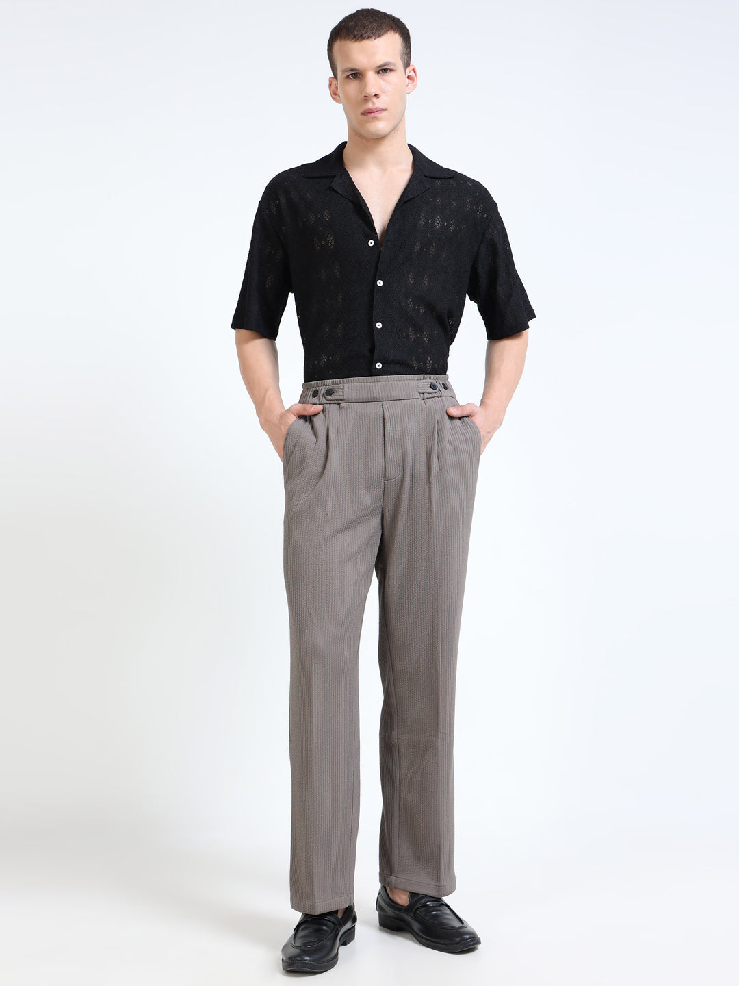 Textured Dual-Button Pleated Trousers