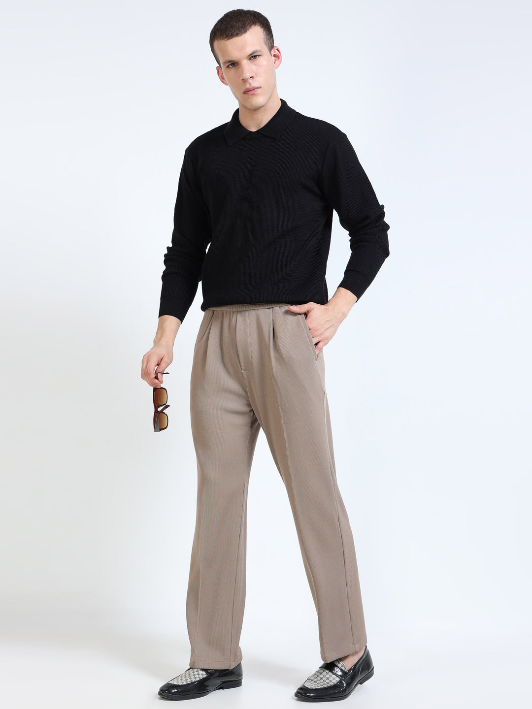 Textured Premium Drawstring Straight Trousers