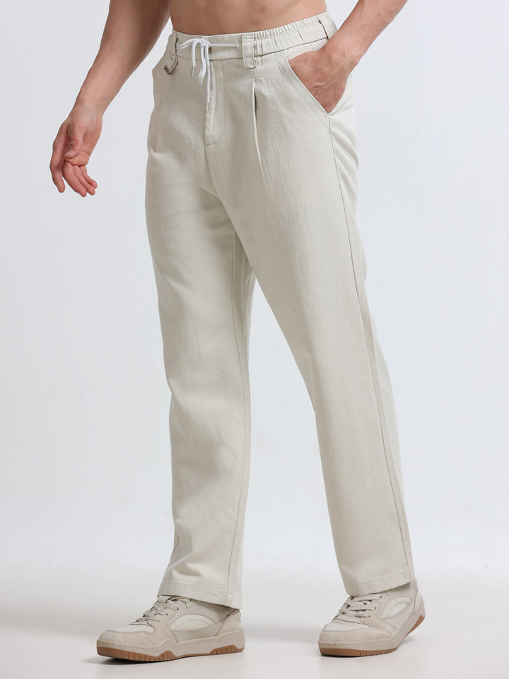 Amalfi Textured Pleated Trouser – Sand Beige