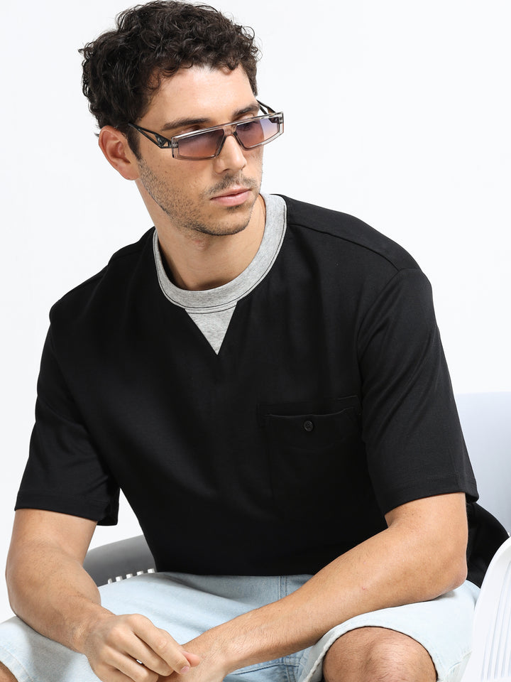 Contrast Neck Pocket Black T-Shirt