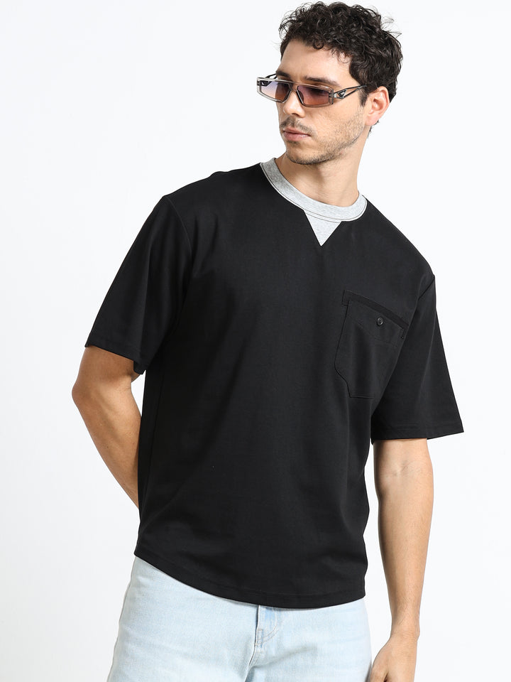 Contrast Neck Pocket Black T-Shirt