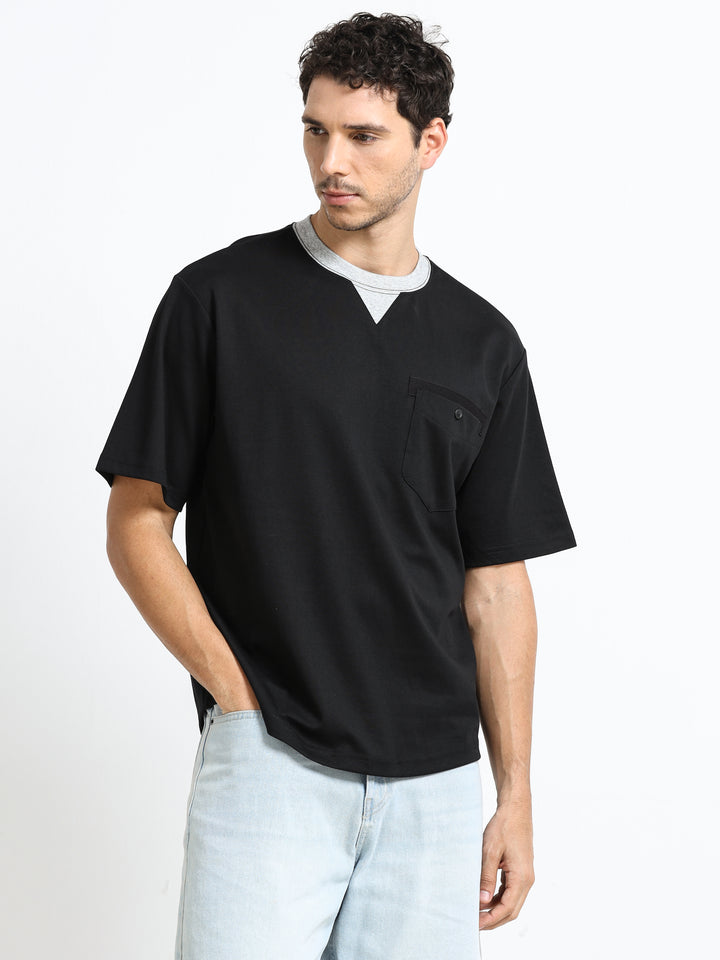 Contrast Neck Pocket Black T-Shirt