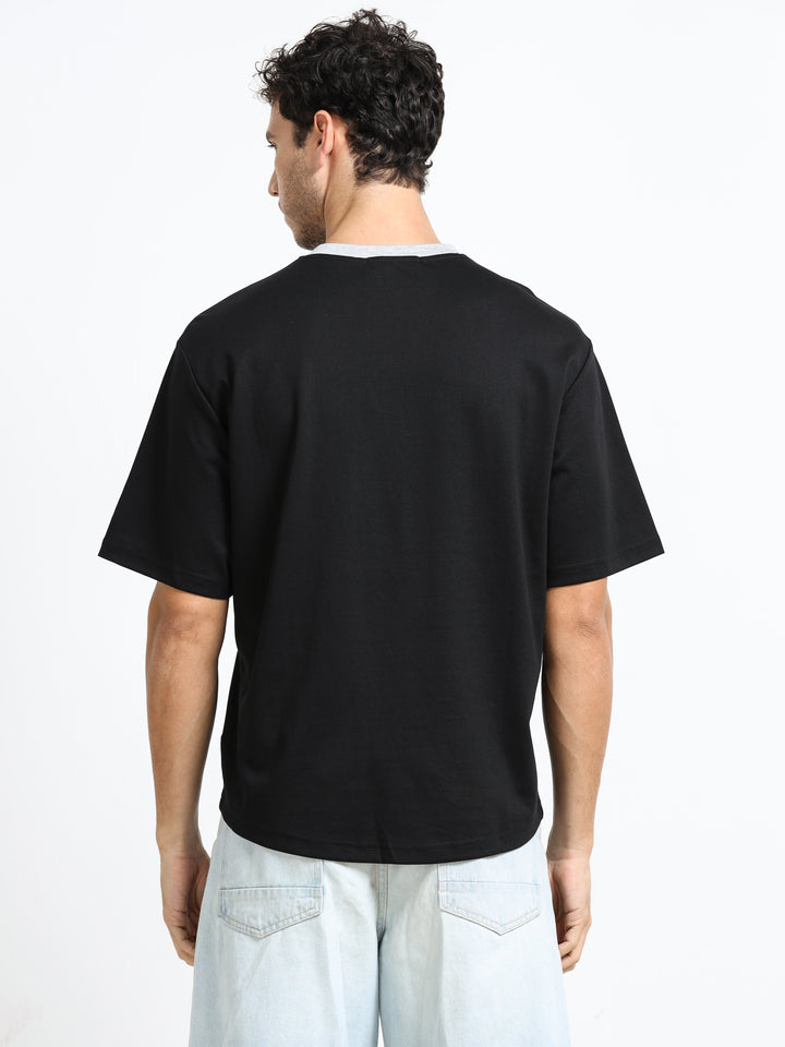 Contrast Neck Pocket Black T-Shirt