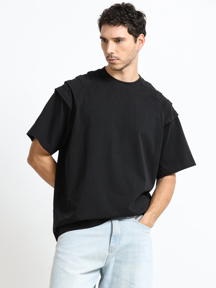 Layered Shoulder Black T-Shirt