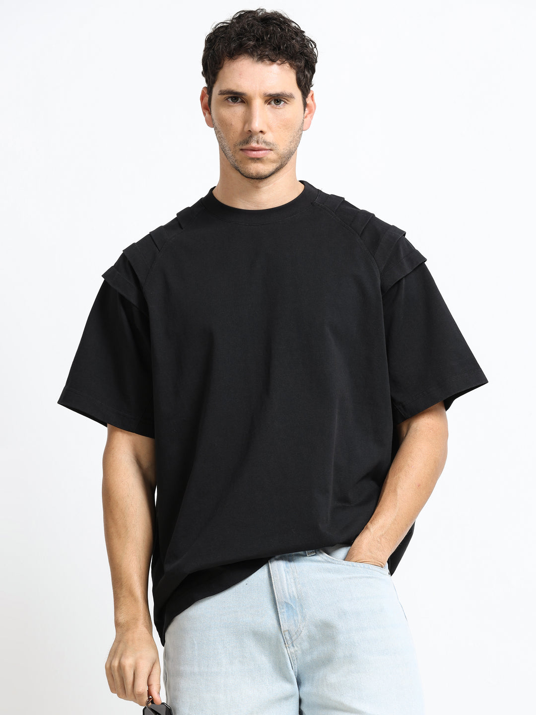 Layered Shoulder Black T-Shirt