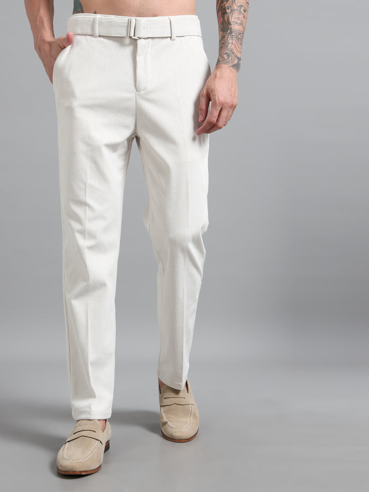 Refined Corduroy Trousers with Integrated Belt - Light Beige