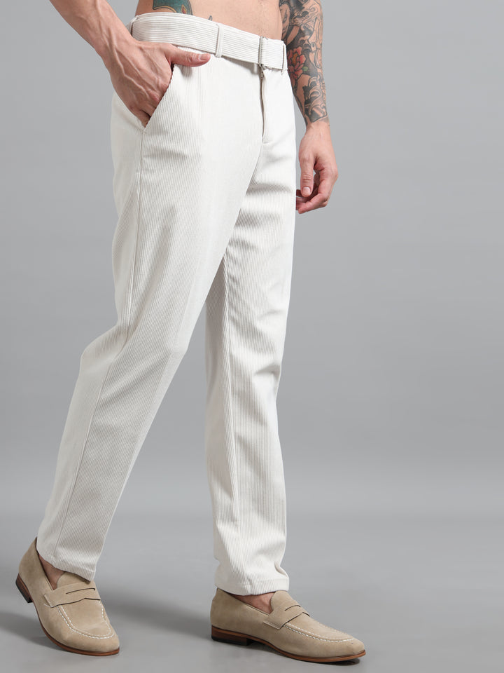 Refined Corduroy Trousers with Integrated Belt - Light Beige