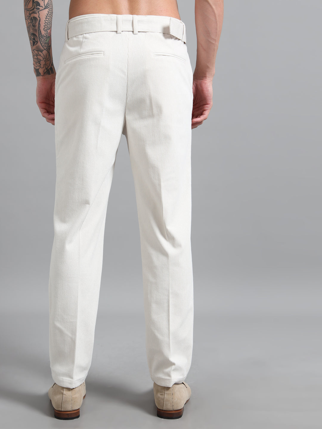 Refined Corduroy Trousers with Integrated Belt - Light Beige