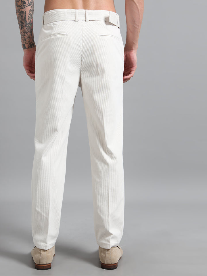Refined Corduroy Trousers with Integrated Belt - Light Beige