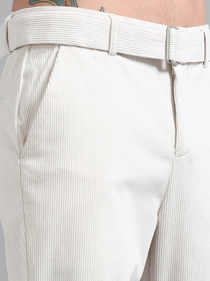 Refined Corduroy Trousers with Integrated Belt - Light Beige