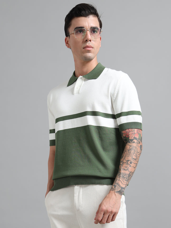Men's Knitted Polo T Shirt - White & Green