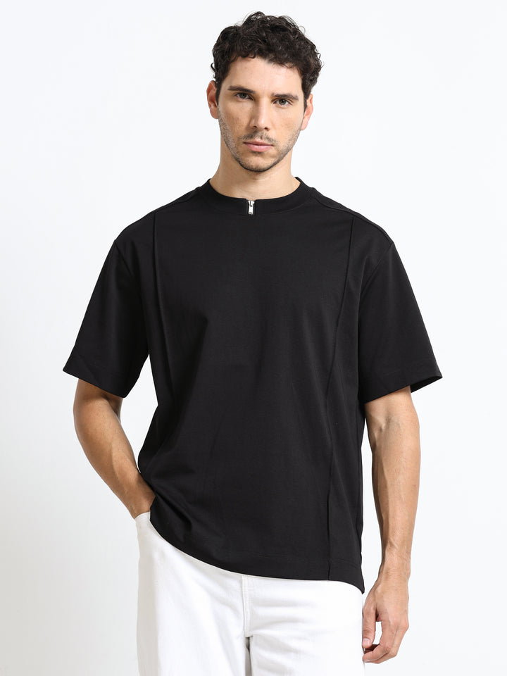 Minimal Zip-Neck Black T-Shirt