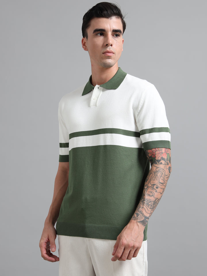 Men's Knitted Polo T Shirt - White & Green