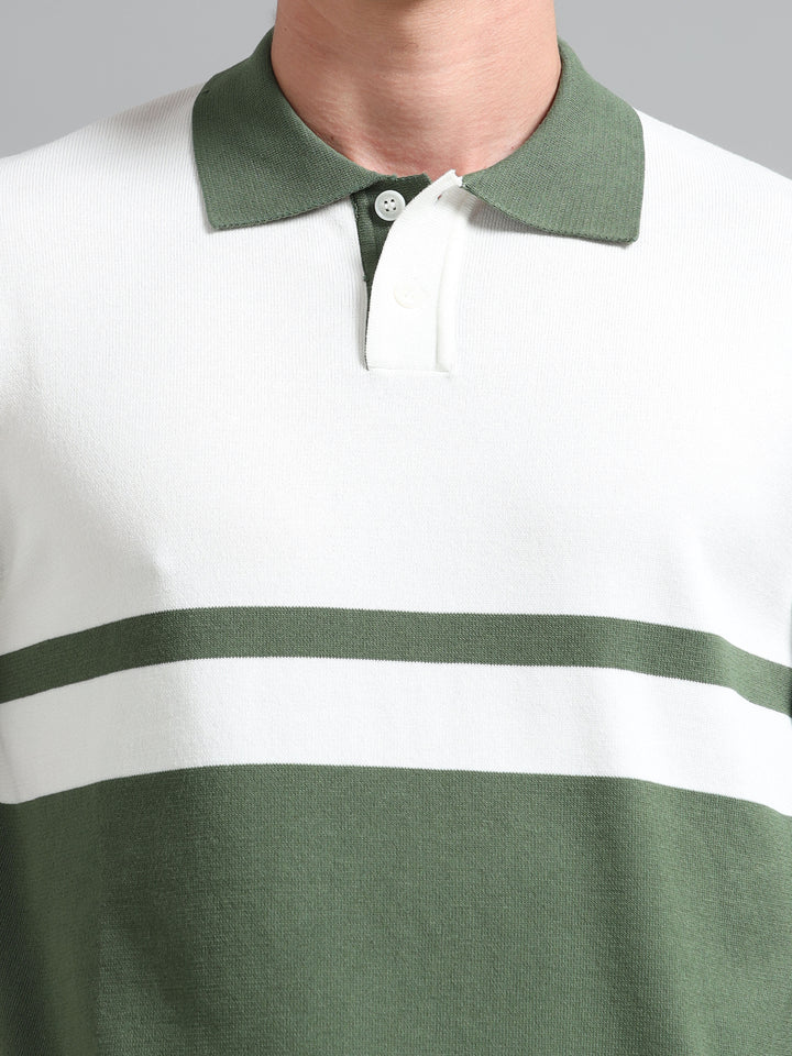 Men's Knitted Polo T Shirt - White & Green