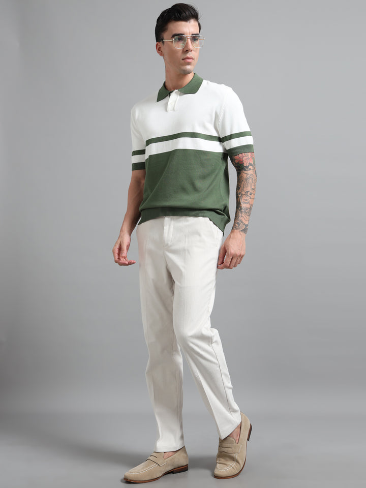 Men's Knitted Polo T Shirt - White & Green
