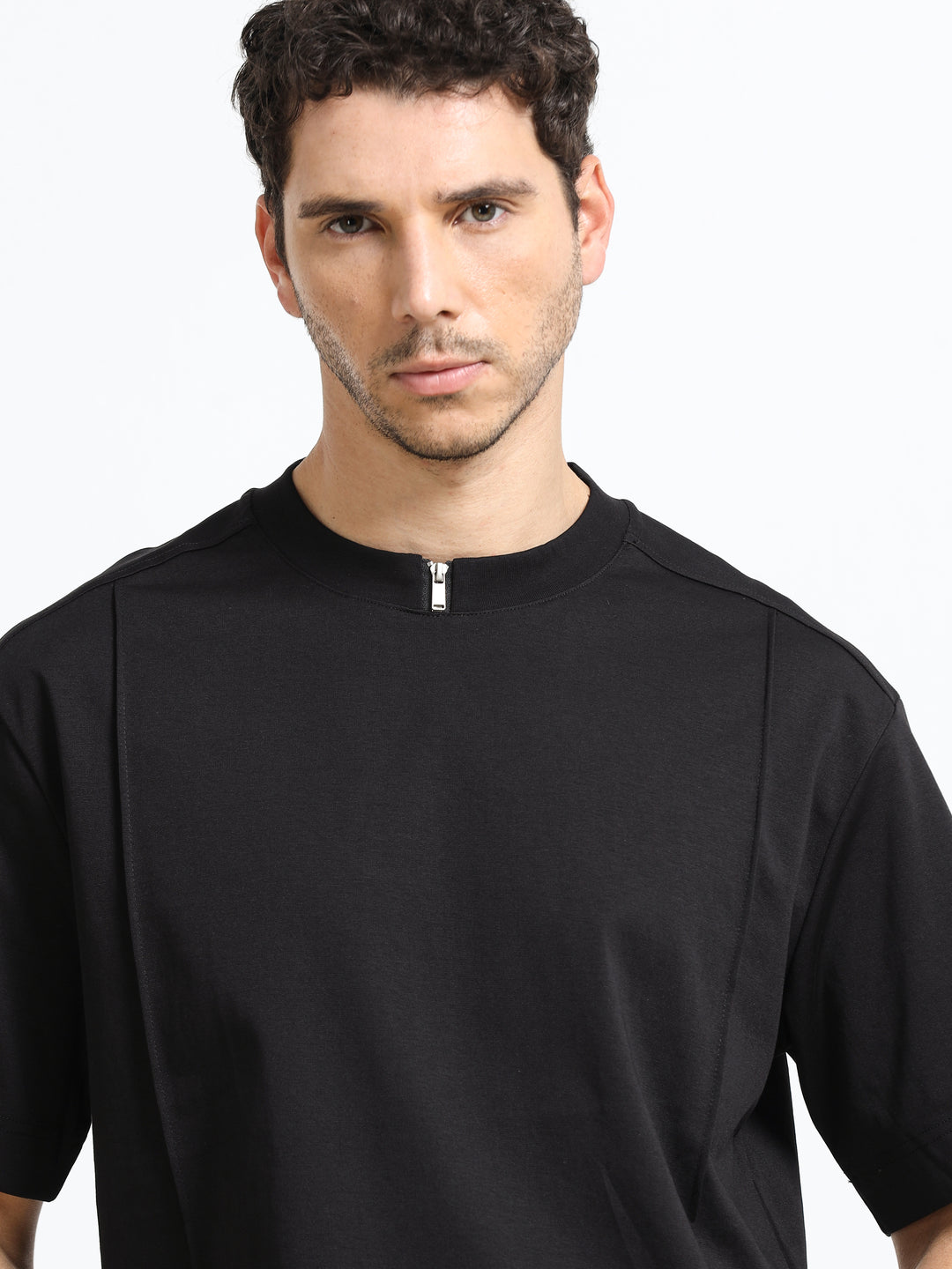 Minimal Zip-Neck Black T-Shirt