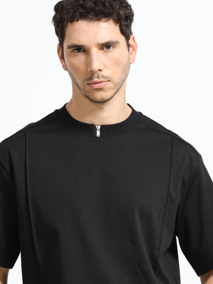 Minimal Zip-Neck Black T-Shirt