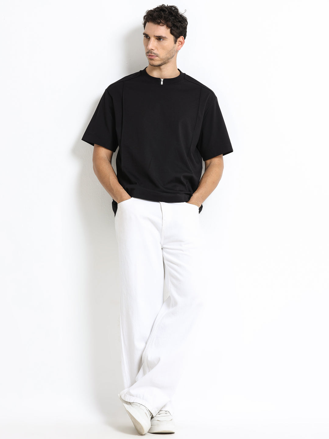 Minimal Zip-Neck Black T-Shirt