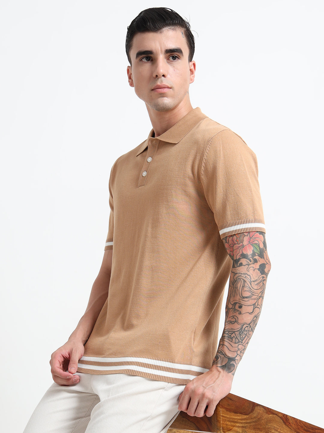 Men's Knitted Polo T Shirt - Coffee