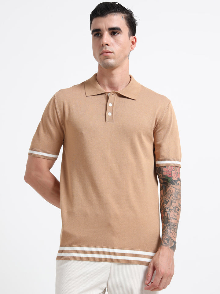 Men's Knitted Polo T Shirt - Coffee