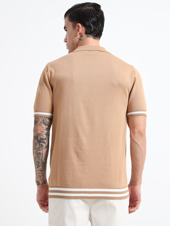 Men's Knitted Polo T Shirt - Coffee