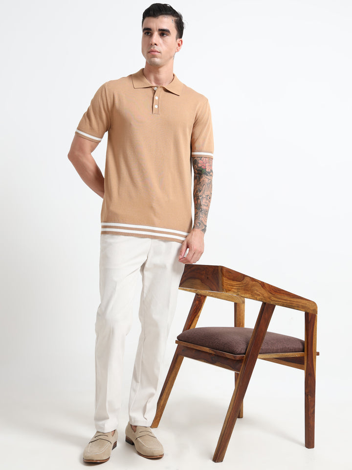 Men's Knitted Polo T Shirt - Coffee