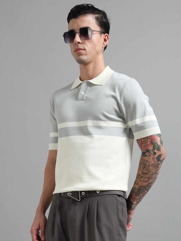 Men's Knitted Polo T Shirt - White & Gray