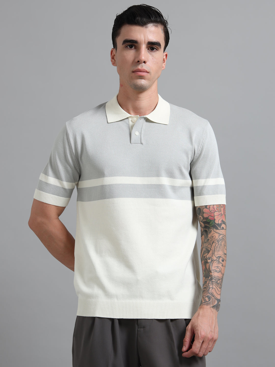 Men's Knitted Polo T Shirt - White & Gray