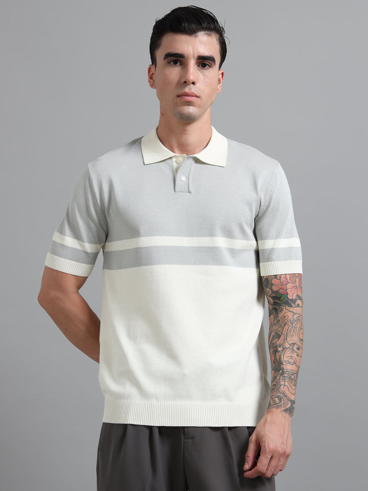 Men's Knitted Polo T Shirt - White & Gray