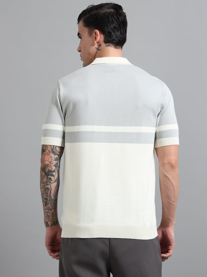 Men's Knitted Polo T Shirt - White & Gray