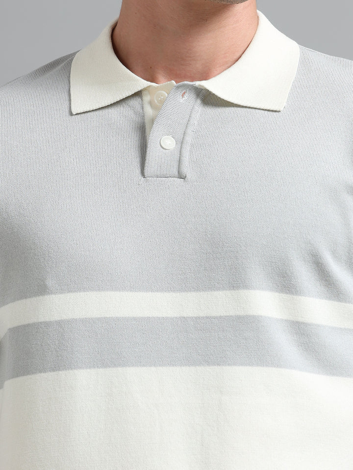 Men's Knitted Polo T Shirt - White & Gray