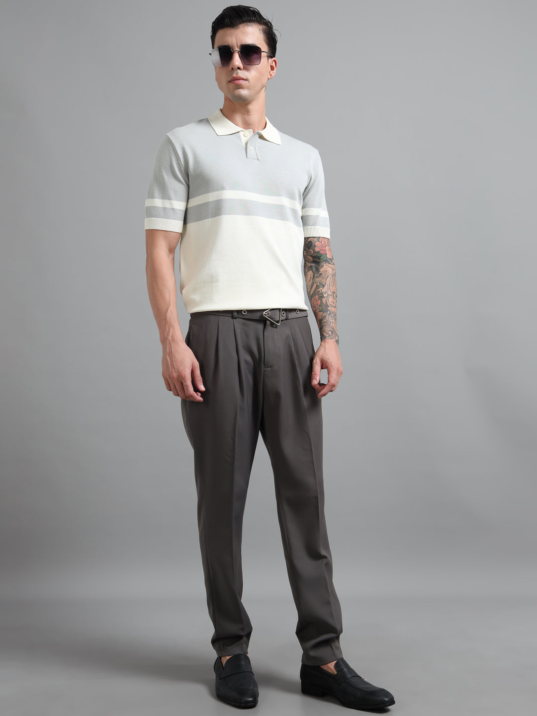Men's Knitted Polo T Shirt - White & Gray