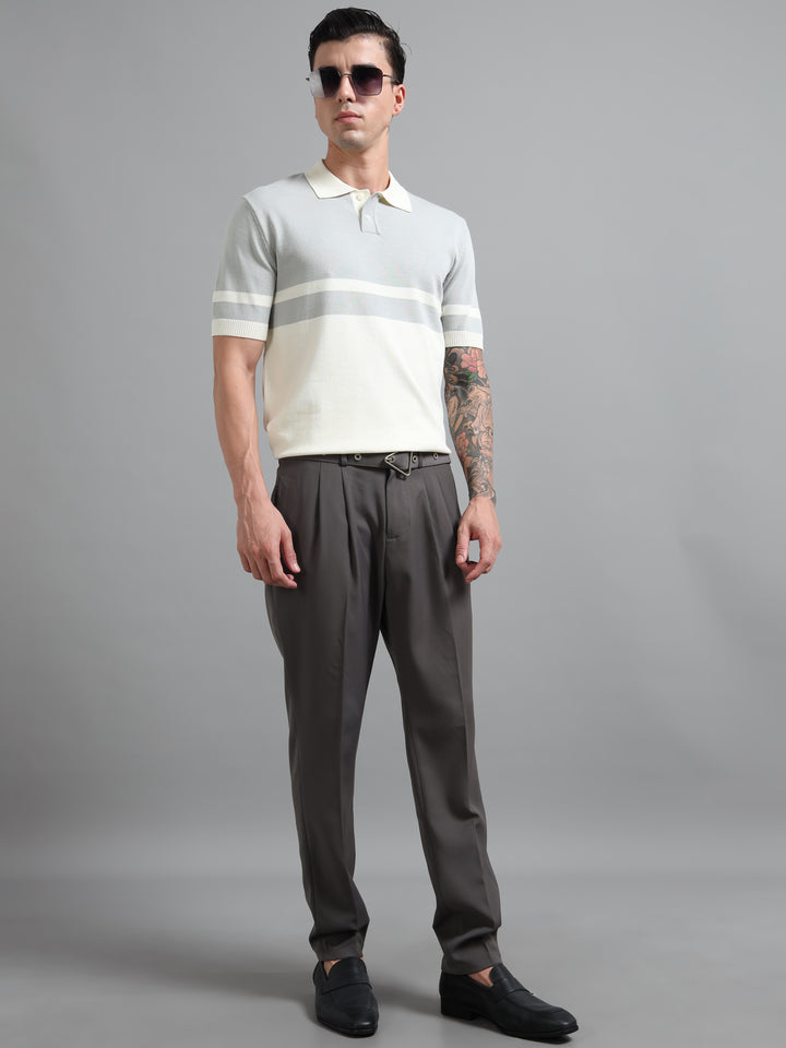 Men's Knitted Polo T Shirt - White & Gray