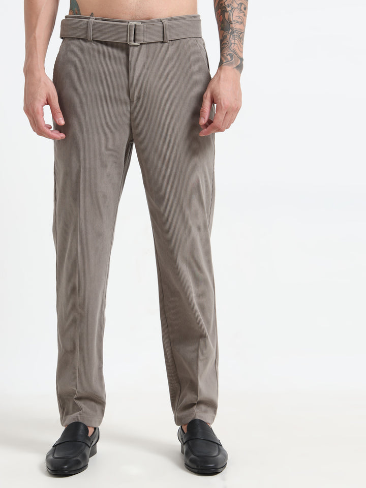 Refined Corduroy Trousers with Integrated Belt - Light Gray