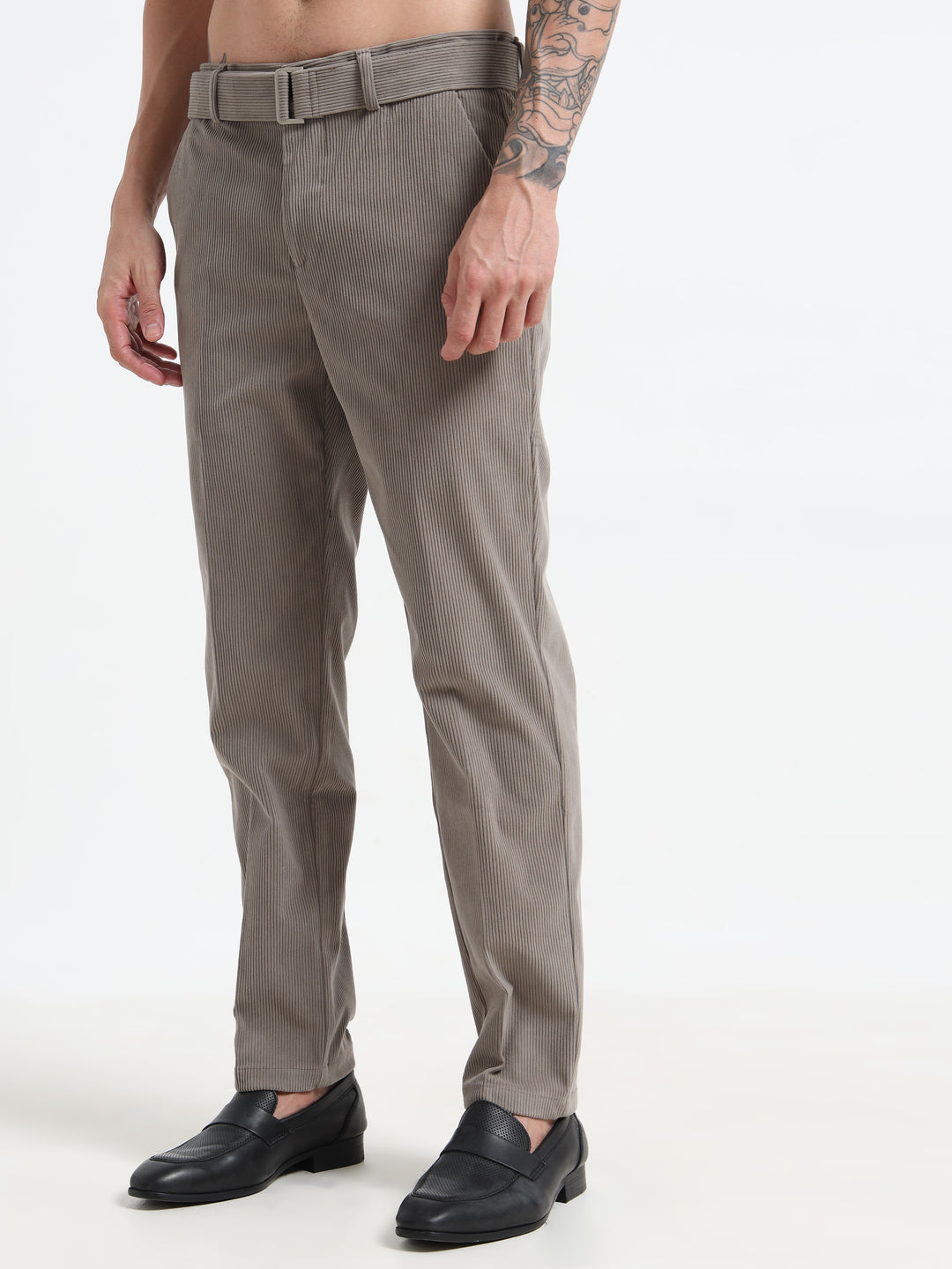 Refined Corduroy Trousers with Integrated Belt - Light Gray