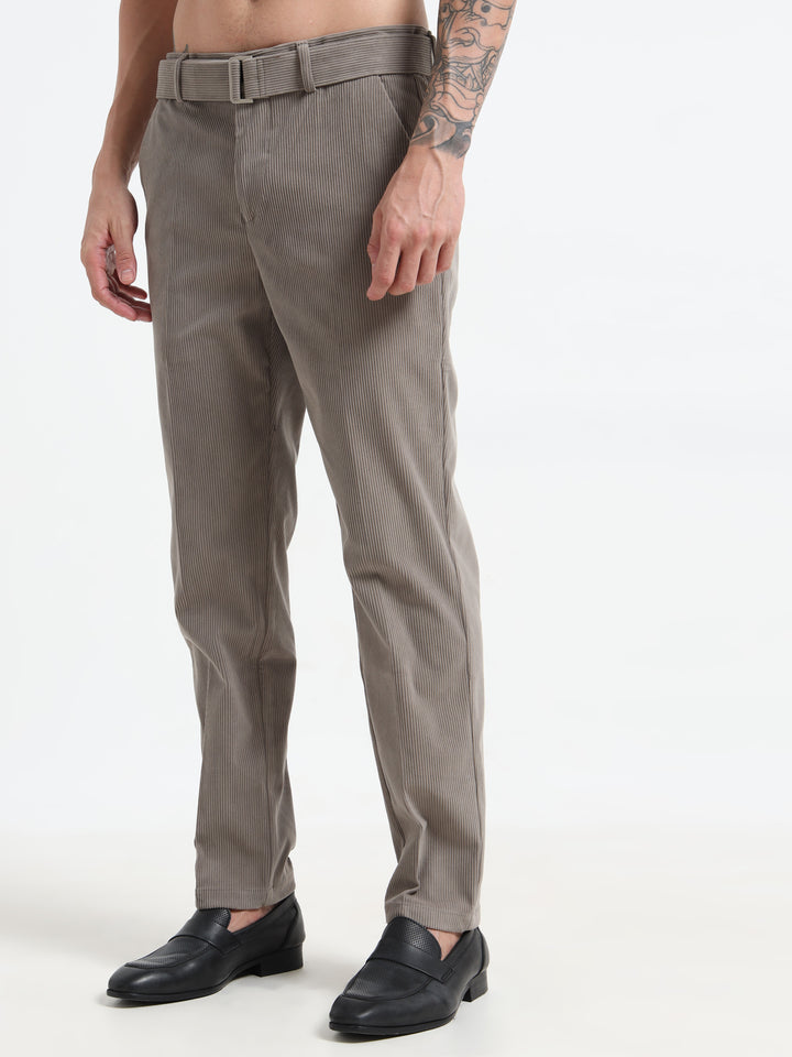 Refined Corduroy Trousers with Integrated Belt - Light Gray