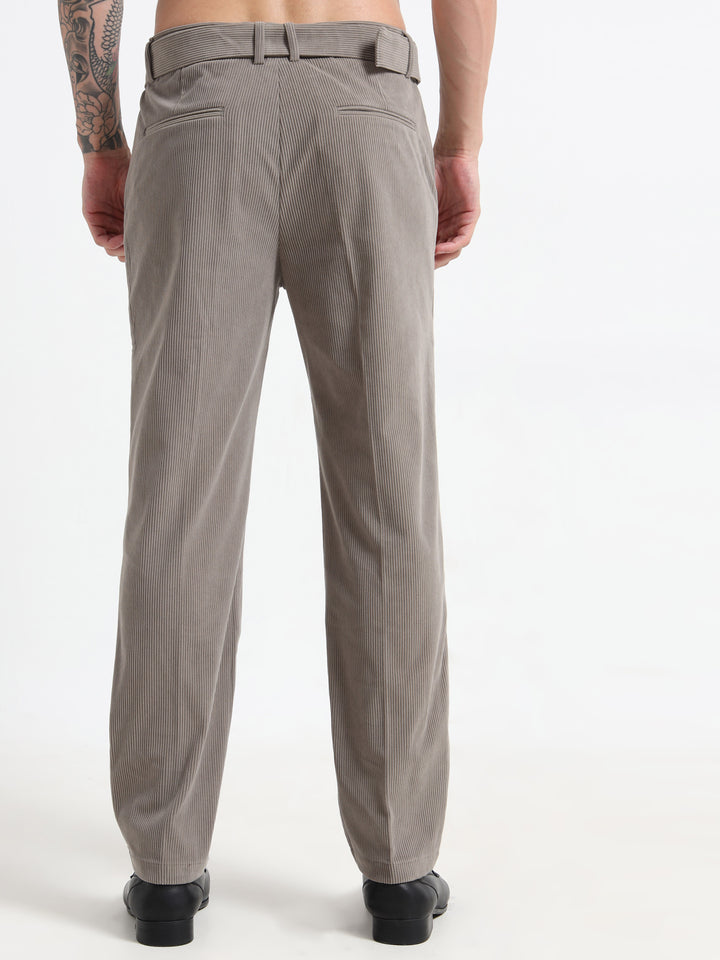 Refined Corduroy Trousers with Integrated Belt - Light Gray