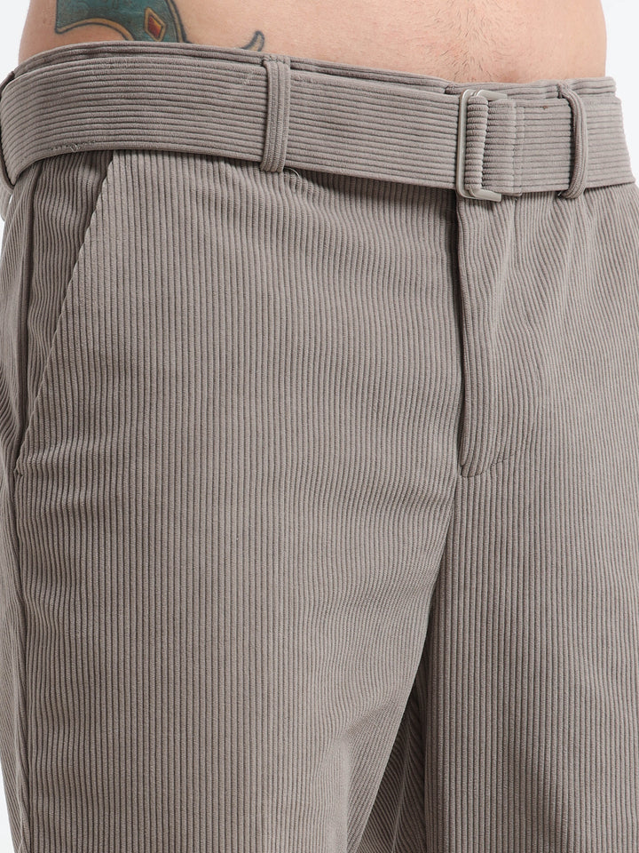 Refined Corduroy Trousers with Integrated Belt - Light Gray