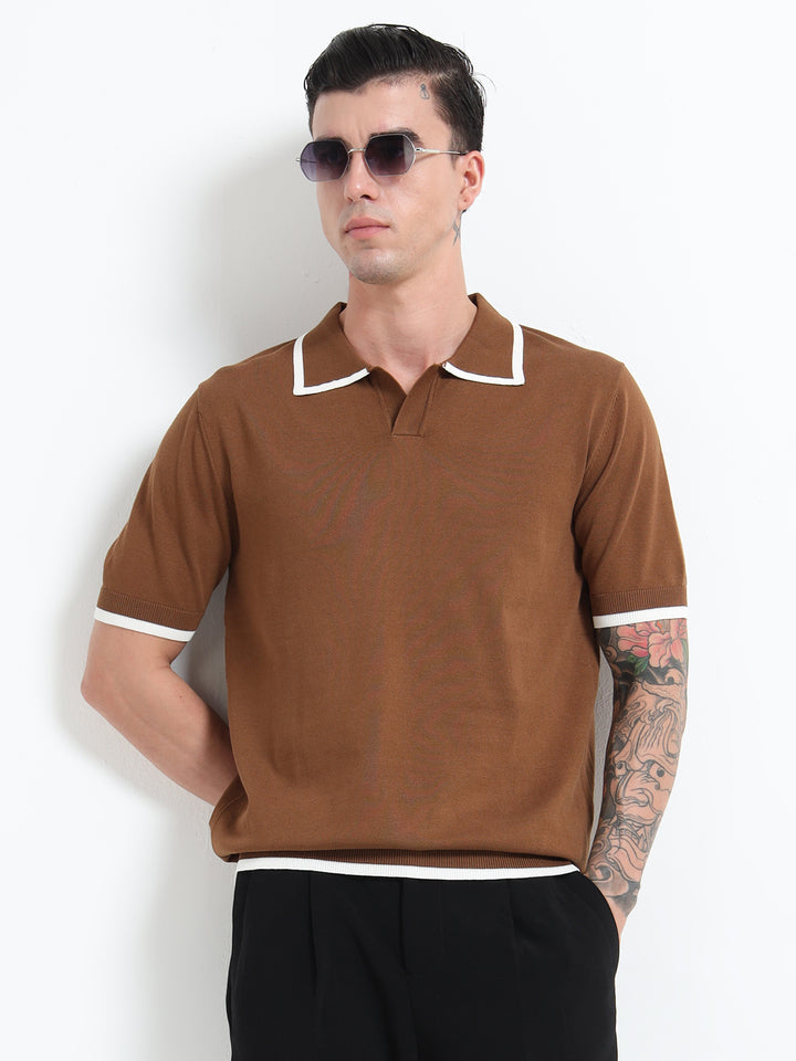 Men's Knitted Polo T Shirt - Coffee