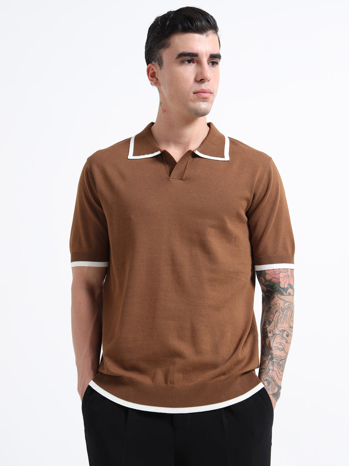 Men's Knitted Polo T Shirt - Coffee