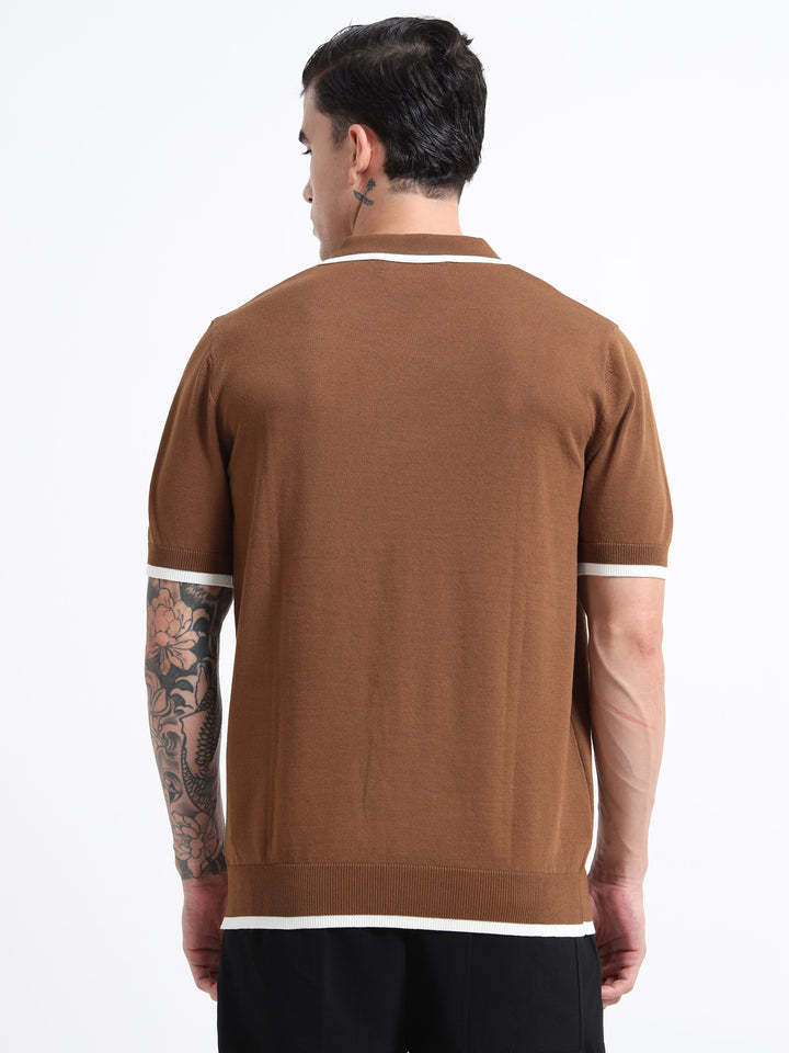 Men's Knitted Polo T Shirt - Coffee