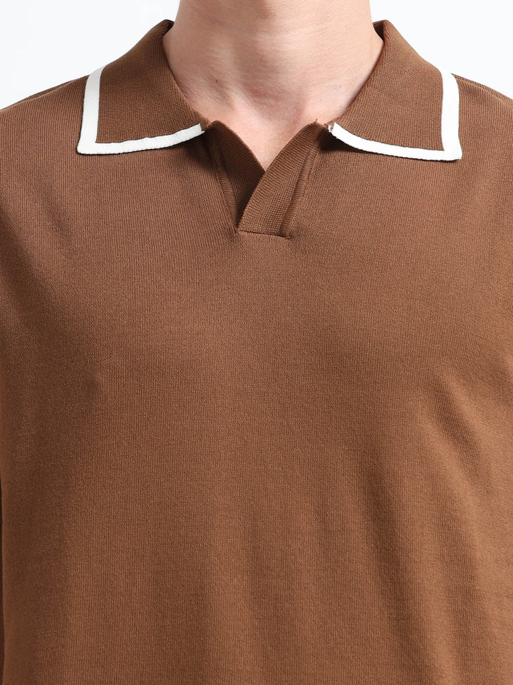 Men's Knitted Polo T Shirt - Coffee