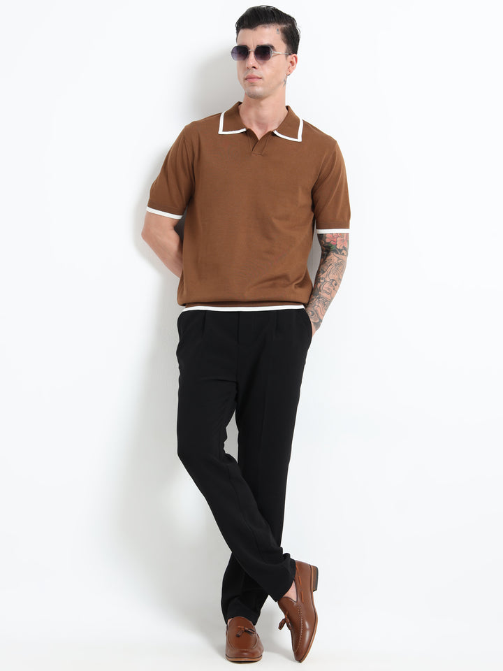 Men's Knitted Polo T Shirt - Coffee