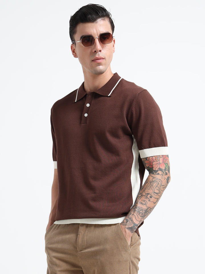 Men's Knitted Polo T Shirt - Coffee