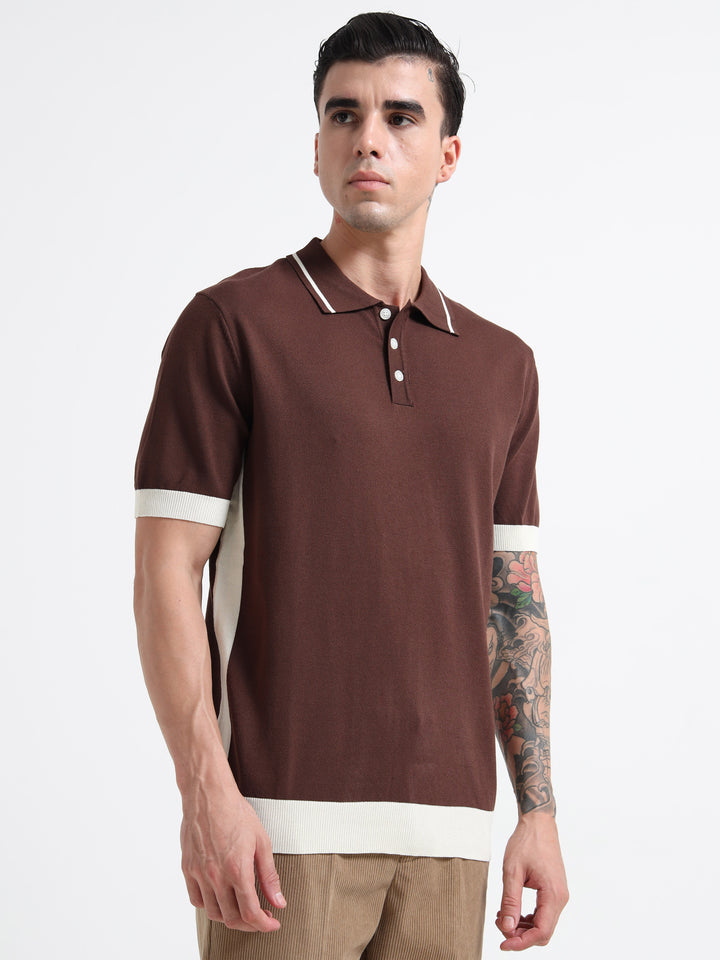 Men's Knitted Polo T Shirt - Coffee